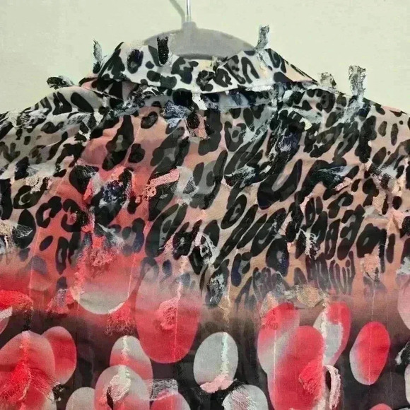 Feratelli Red Black Leopard Semi-sheer Blouse  3D accents Women's M Artsy - Picture 9 of 9